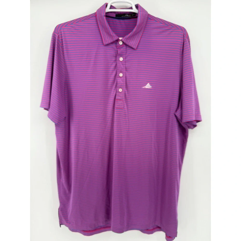 RLX Ralph Lauren Golf Polo Shirt XL Pink Purple Striped Short Sleeve‎ Note Logo